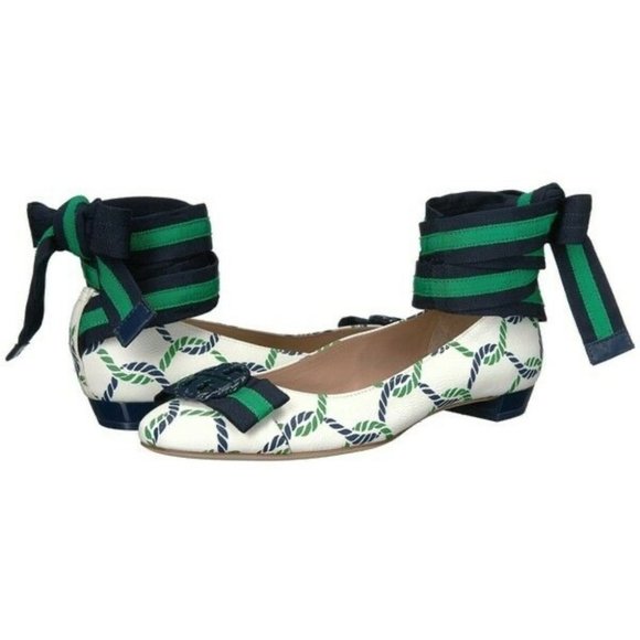 Tory Burch Maritime ankle wrap white navy green ballet flats 6.5 Isle - Picture 3 of 16
